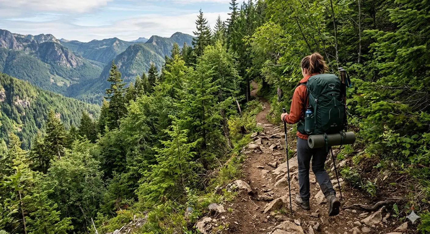 Solo Hiking vs Group Hiking 5 Solo hiker with backpack walking on a narrow mountain trail surrounded by trees