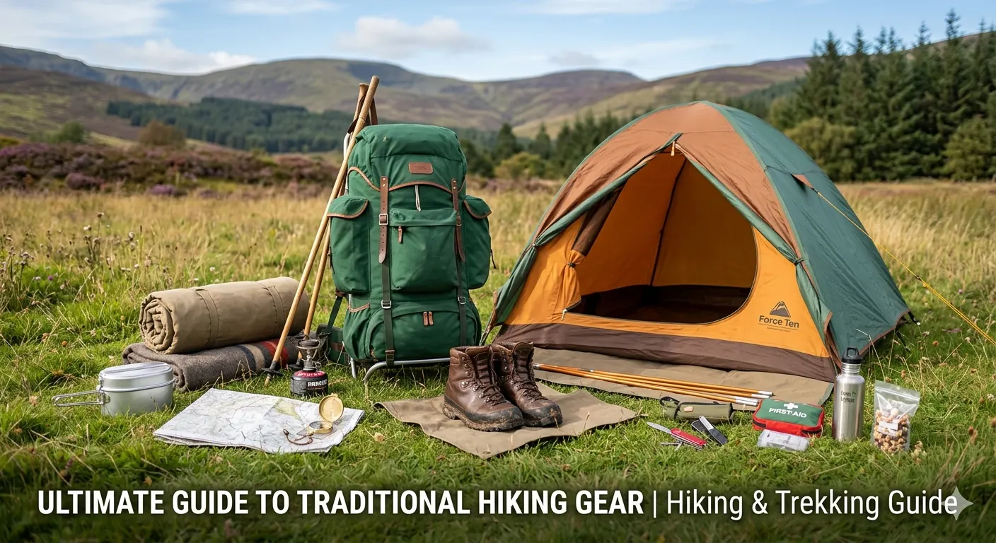 Traditional hiking gear laid out on grass including heavy boots, a large framed backpack, and a double-wall tent