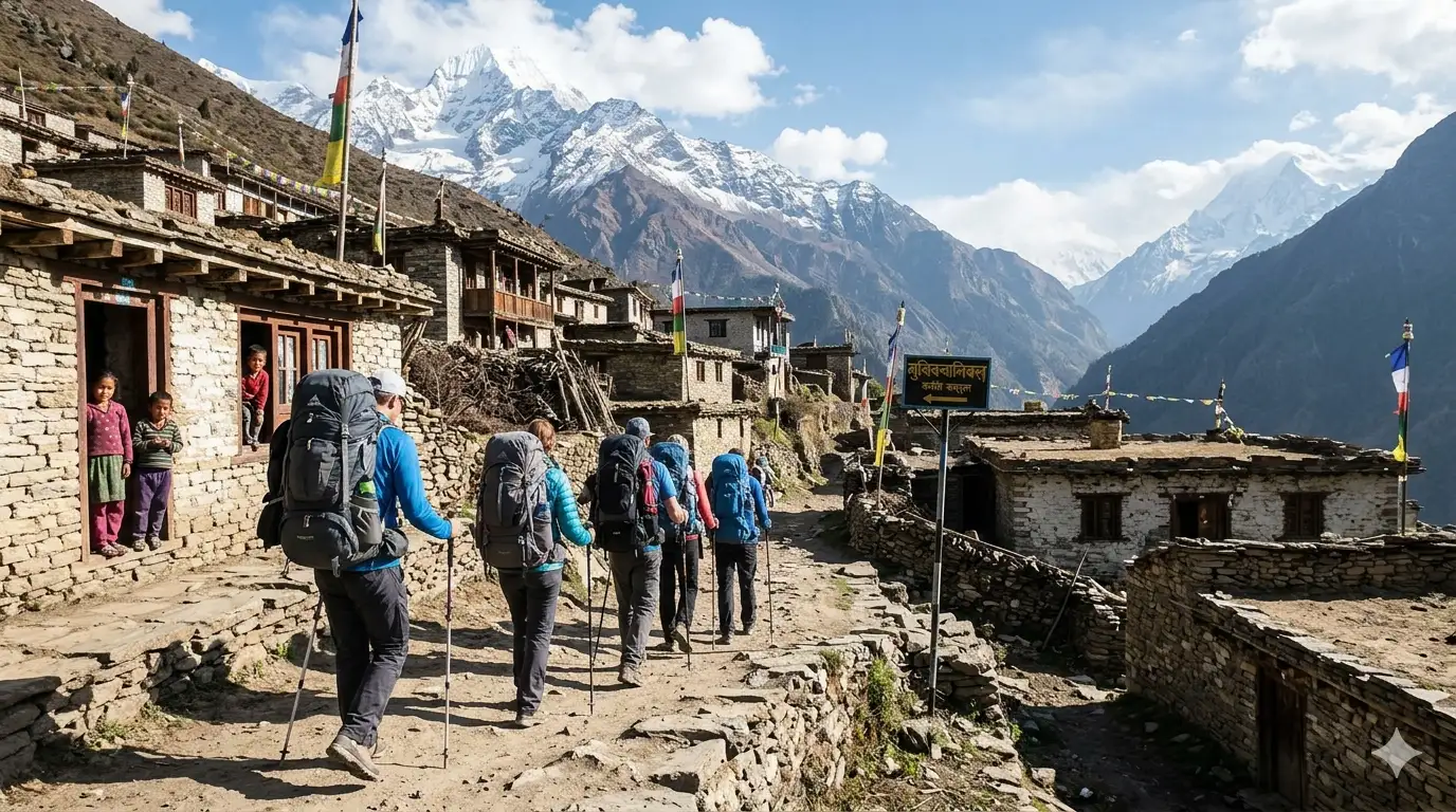 Trekkers walking through a remote mountain village on a multi-day route