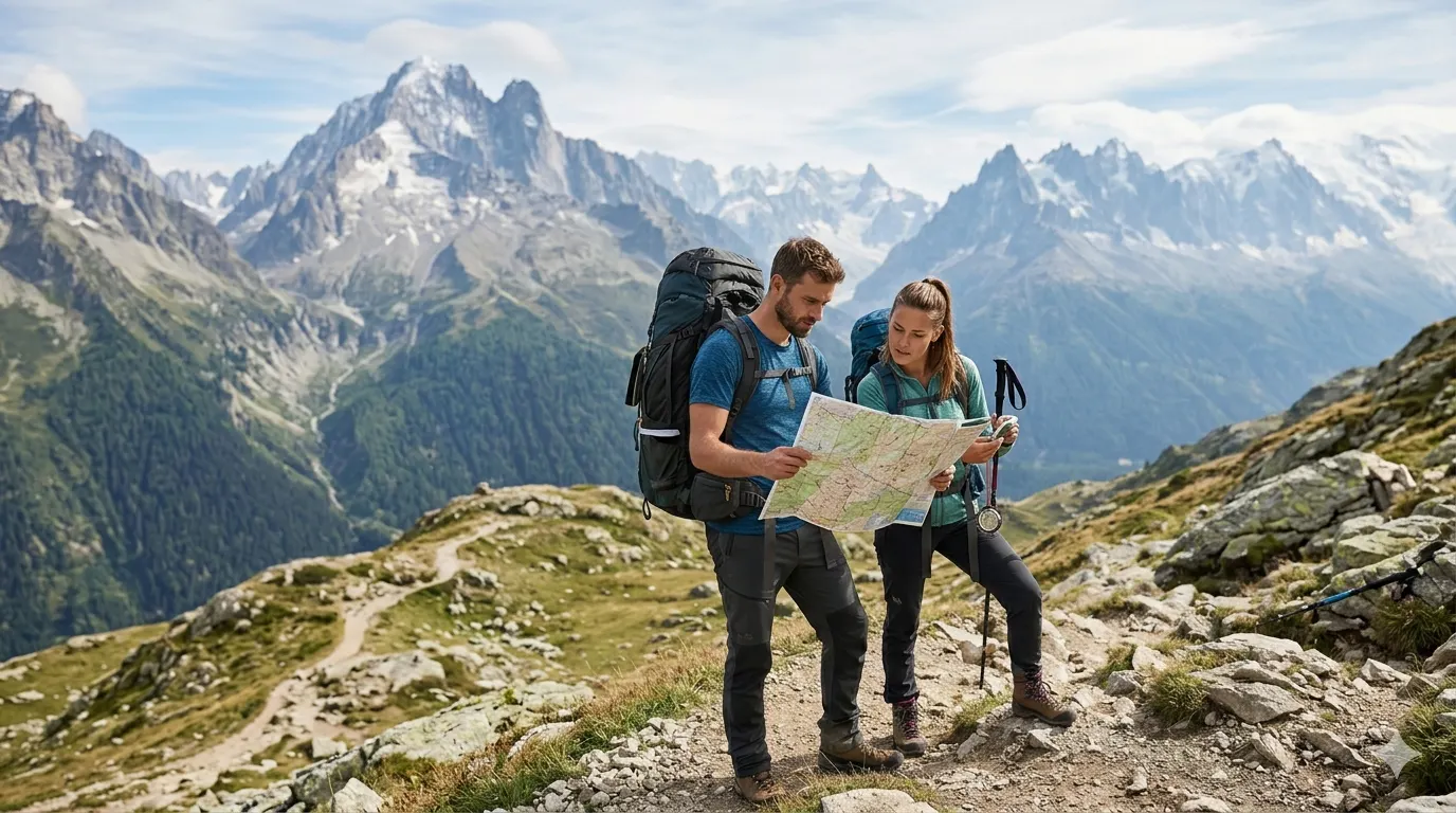 Two hikers comparing a paper map on a mountain trail