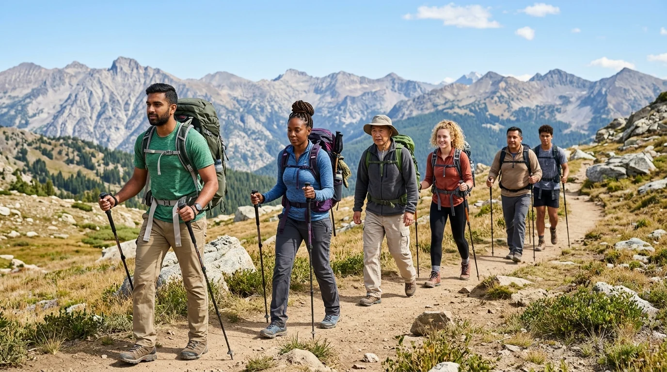 Hiking FAQ: 50 Common Questions Answered for Beginners 4 diverse group of hikers walking on mountain trail with backpacks during sunny day, showing proper hiking gear and technique