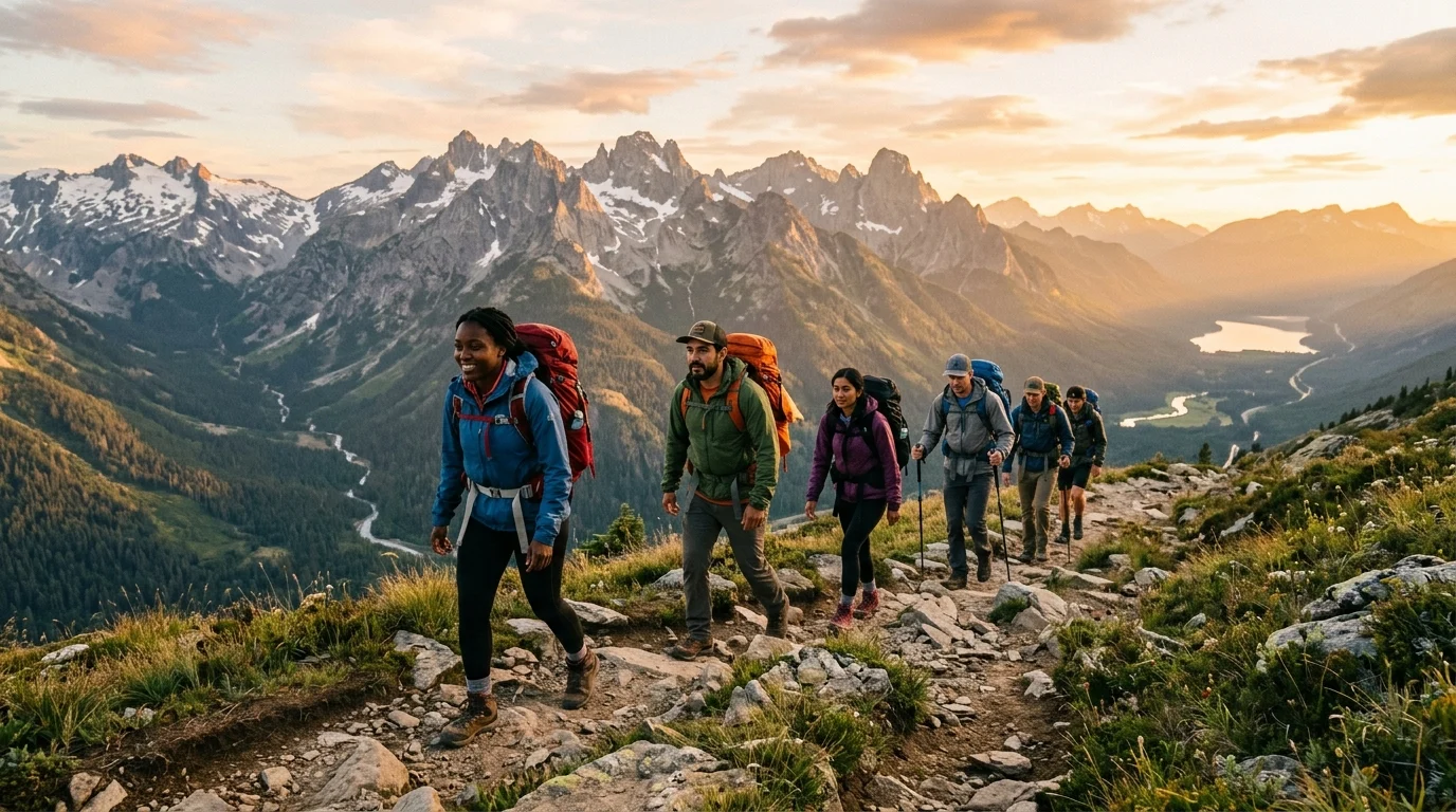 Trekking FAQ: 50 Common Questions 4 diverse group of hikers with backpacks walking on mountain trail during golden hour with peaks in background