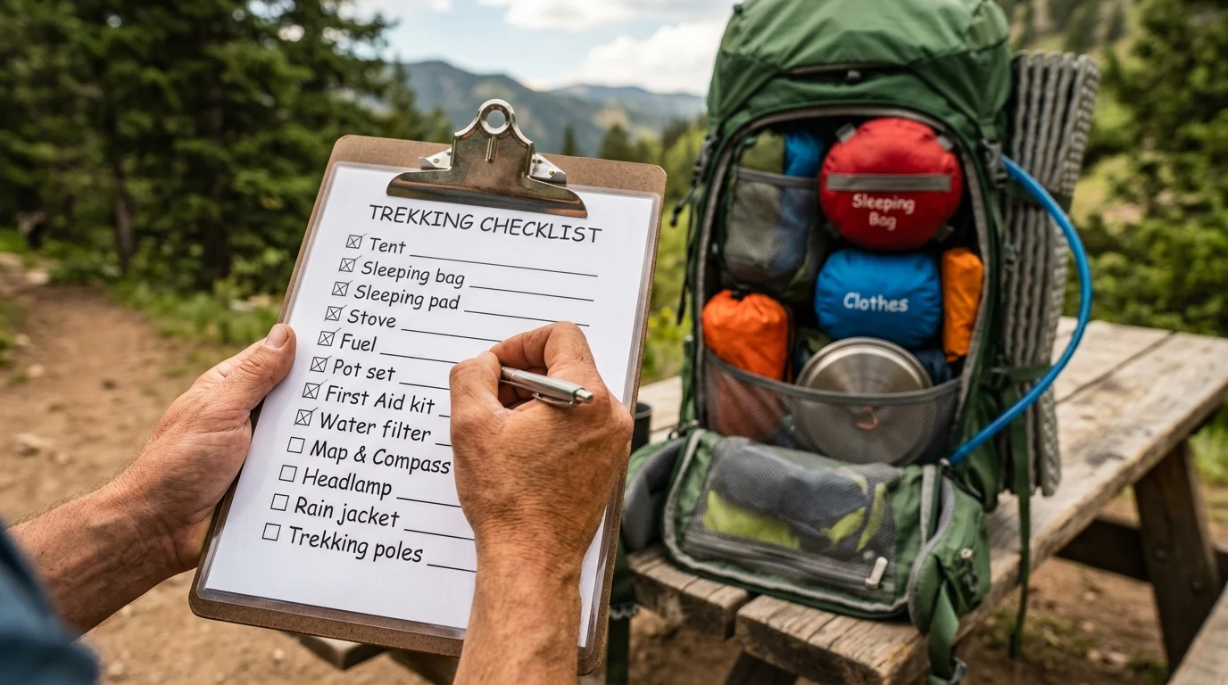 hands checking off items on laminated waterproof trekking checklist attached to clipboard with organized backpack compartments visible showing proper gear packing technique