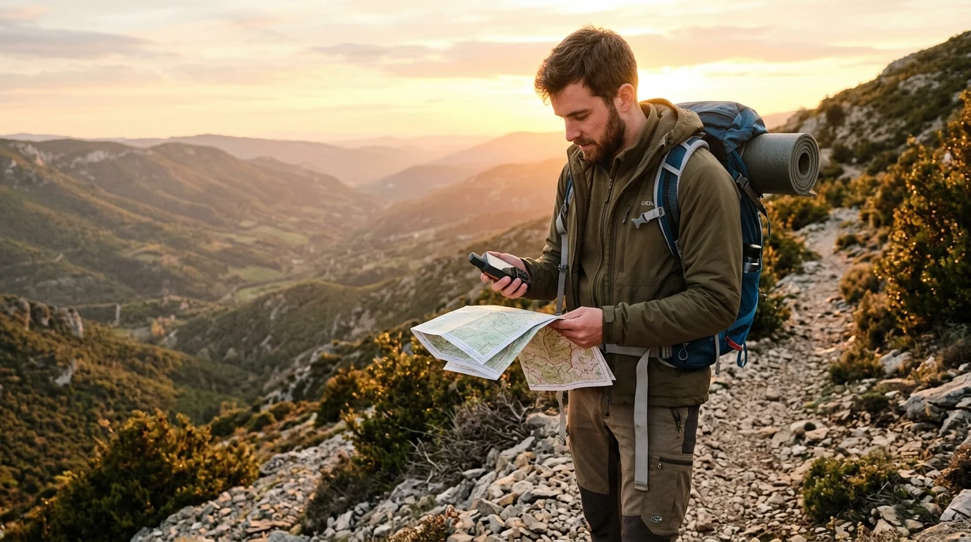 Hiking FAQ: 50 Common Questions Answered for Beginners 6 hiker checking GPS device and paper topographic map on mountain trail with scenic valley vista in background during golden hour lighting