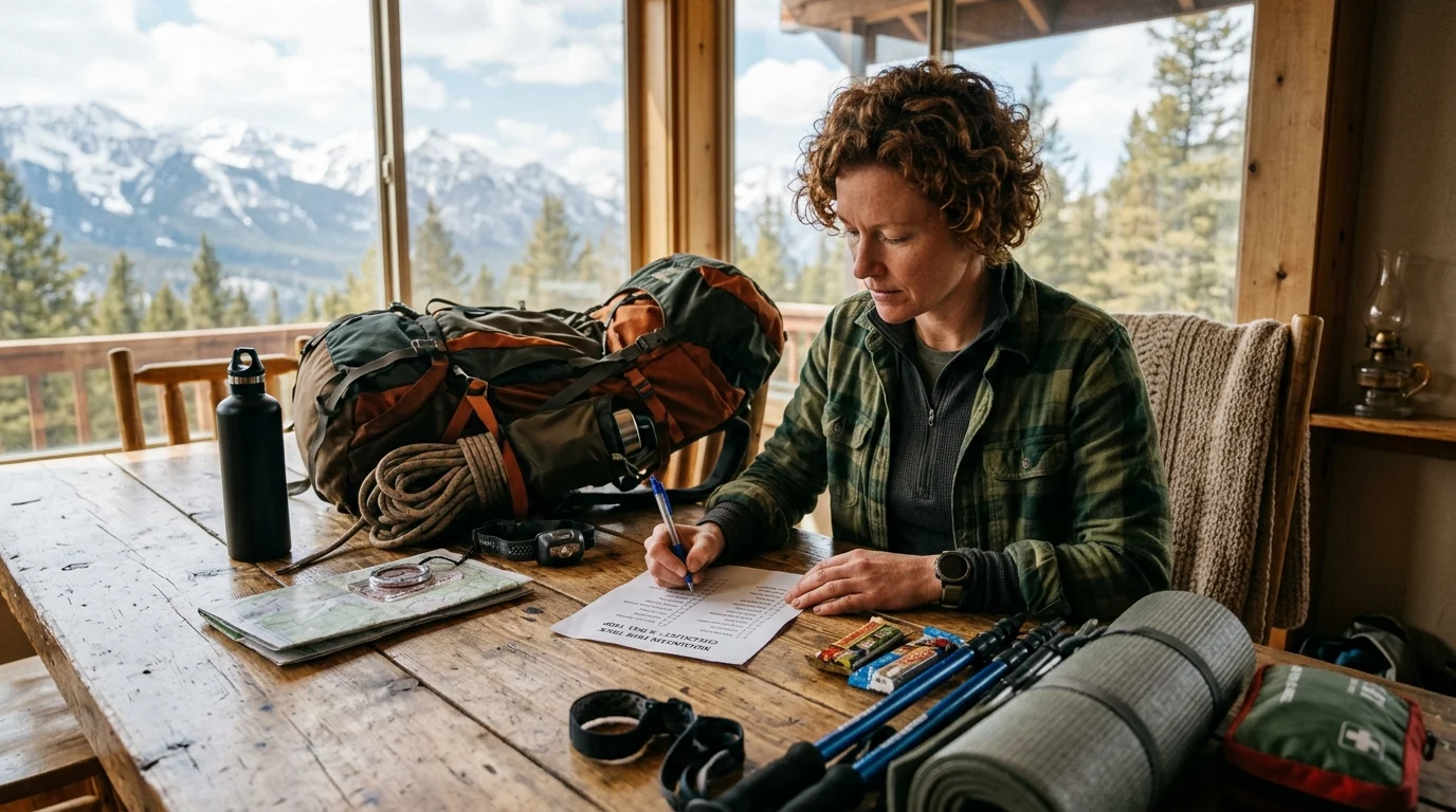 hiker reviewing printed trekking checklist with backpack and gear spread on wooden table in mountain cabin preparing for adventure
