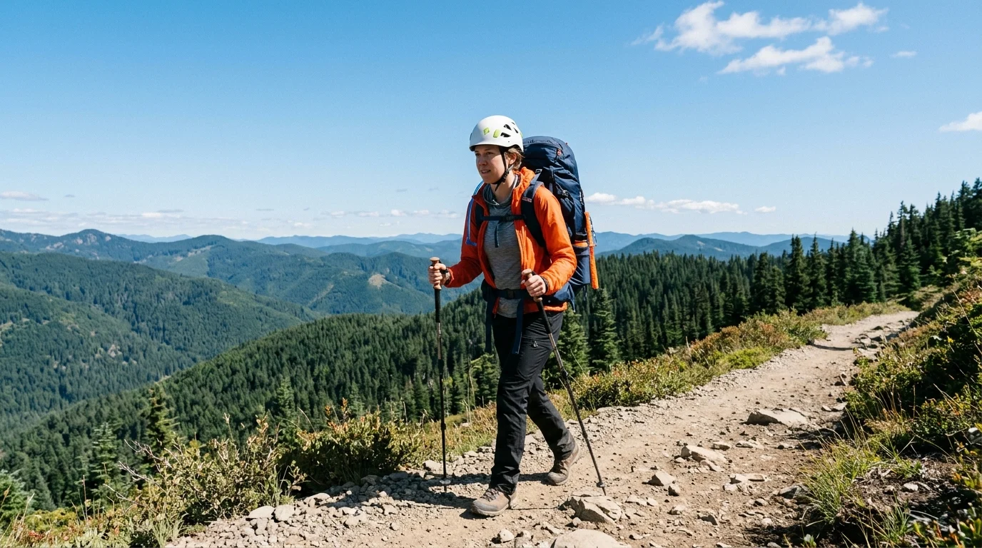 hiker wearing safety gear with backpack and hiking poles on mountain trail with clear blue sky and forest in background