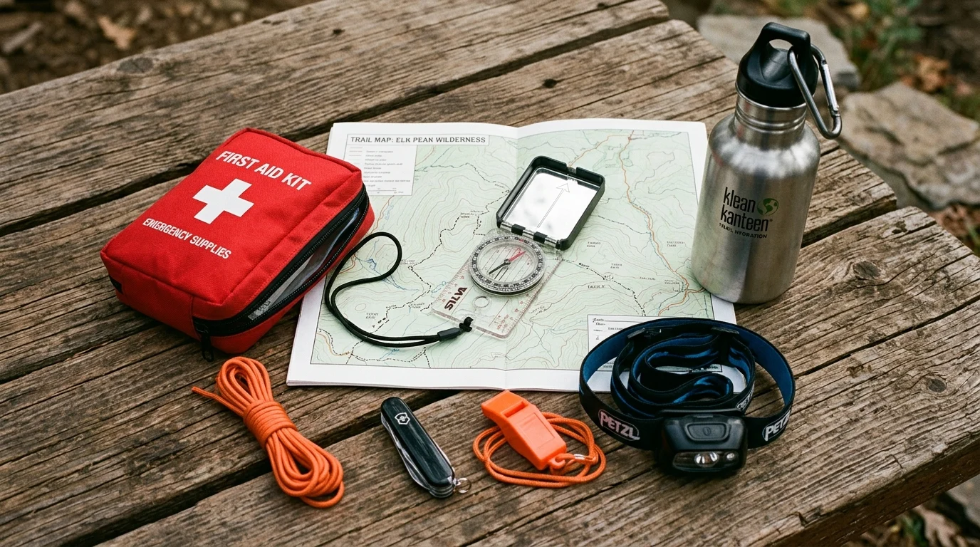 hiking safety gear laid out on wooden surface including first aid kit compass map water bottle emergency whistle and headlamp