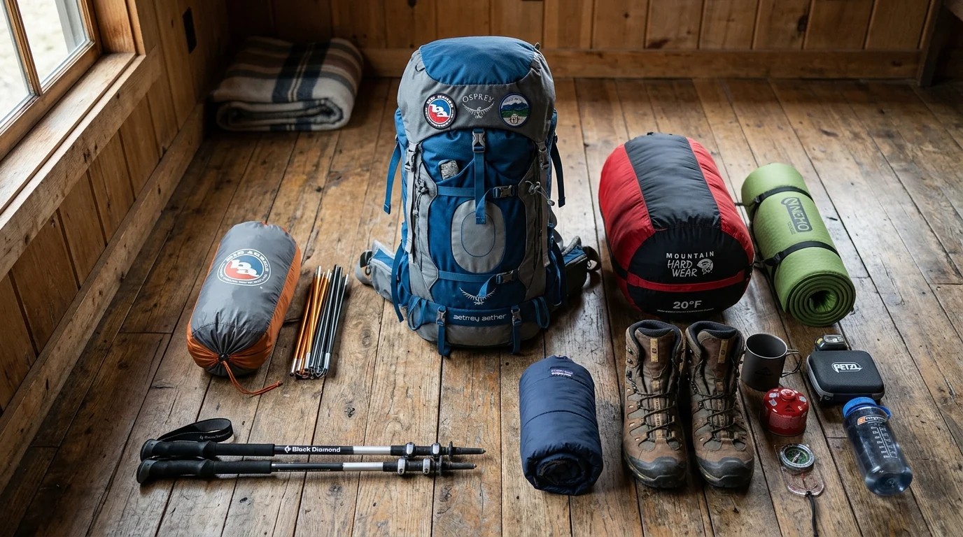 Trekking FAQ: 50 Common Questions 5 neatly organized trekking gear laid out on wooden floor including backpack boots tent sleeping bag and hiking poles