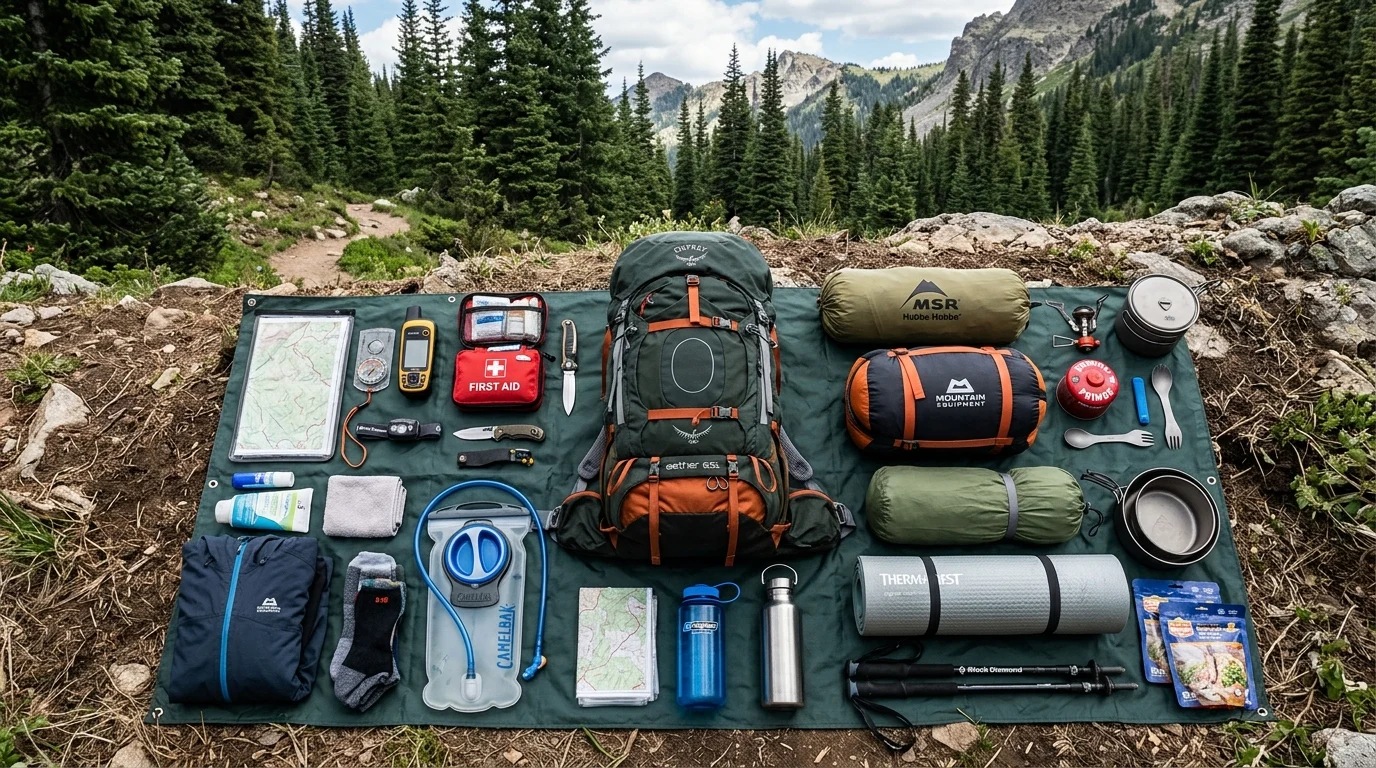 organized trekking gear laid out systematically on ground including backpack navigation tools first aid kit water bottles camping equipment ready for multi-day hike