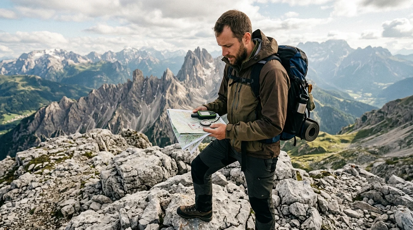 Trekking FAQ: 50 Common Questions 6 solo hiker standing on rocky mountain summit consulting paper map with compass and GPS device visible in hands