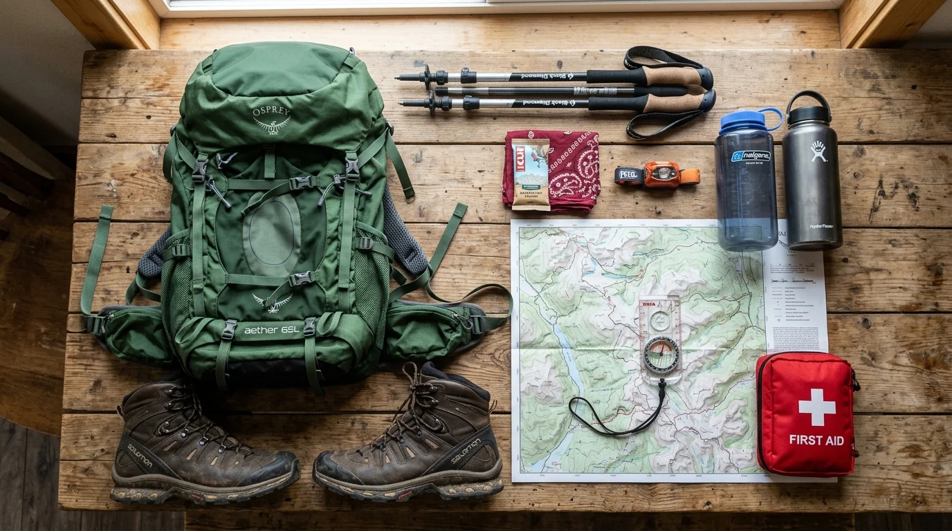 Hiking FAQ: 50 Common Questions Answered for Beginners 5 top-down view of essential hiking gear laid out including backpack, hiking boots, water bottles, map, compass, first aid kit, and trekking poles on wooden surface