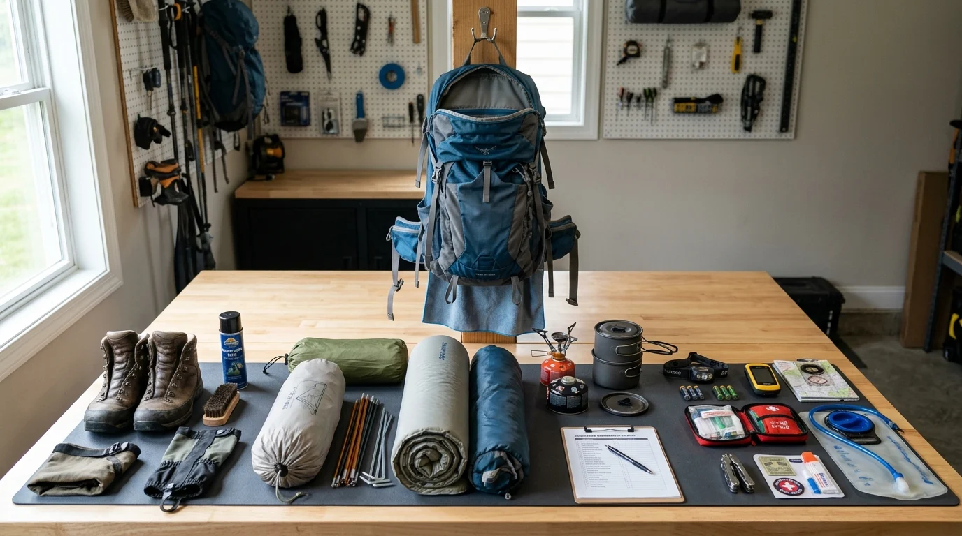 Trekking Gear Maintenance Tips 2 Clean hiking backpack hanging to dry with organized trekking gear laid out for maintenance inspection