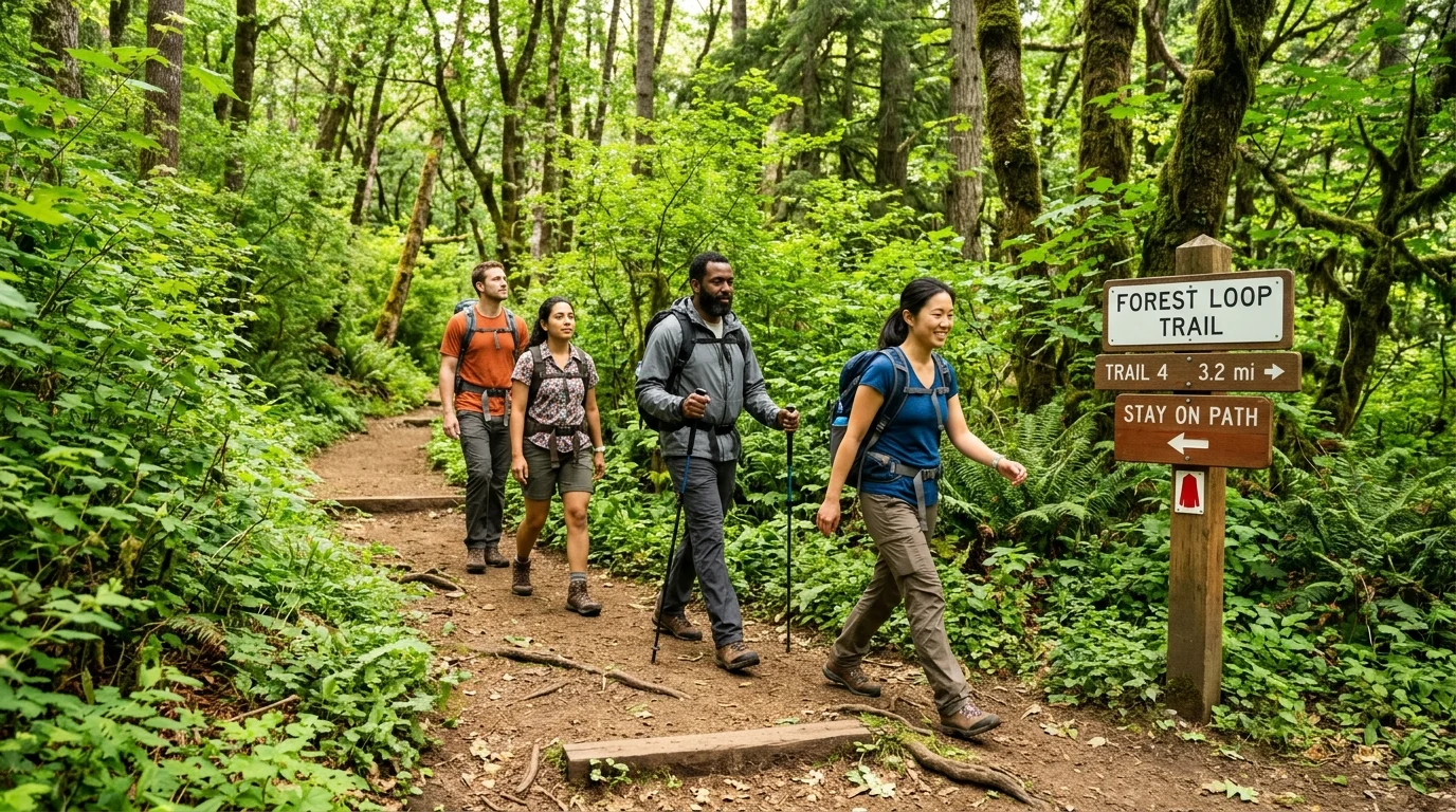 diverse group of hikers walking along well-maintained forest trail with clear trail markers and lush vegetation on both sides