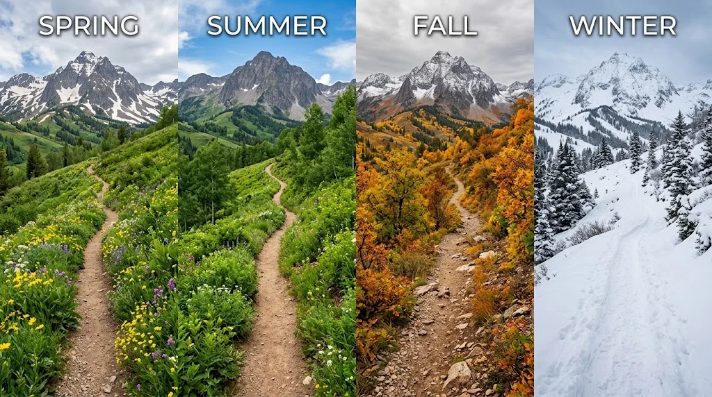 four seasons composite showing same mountain trail in spring wildflowers summer green fall colors and winter snow conditions