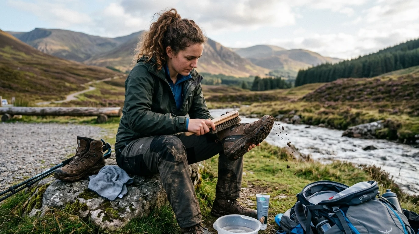 Trekking Gear Maintenance Tips 1 Hiker cleaning muddy trekking boots with brush and cloth outdoors after mountain trail adventure