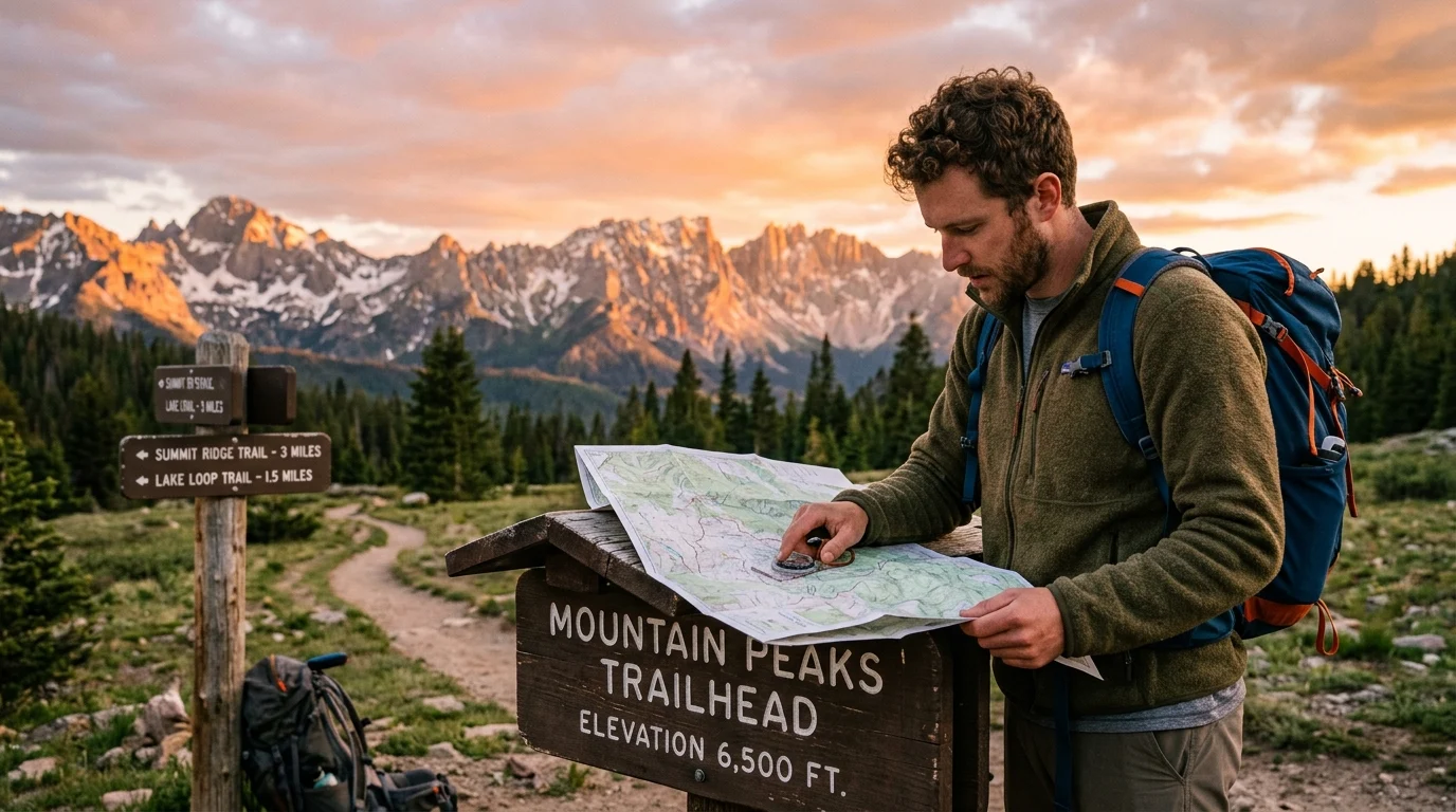 hiker studying trail map at mountain trailhead with scenic peaks in background during golden hour lighting
