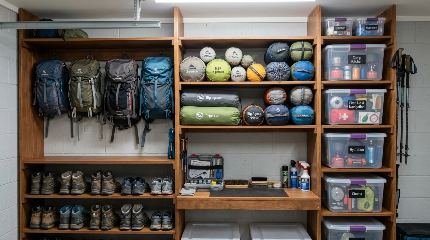 Trekking Gear Maintenance Tips 3 Organized hiking gear storage system with boots backpacks tents and equipment properly maintained on shelves